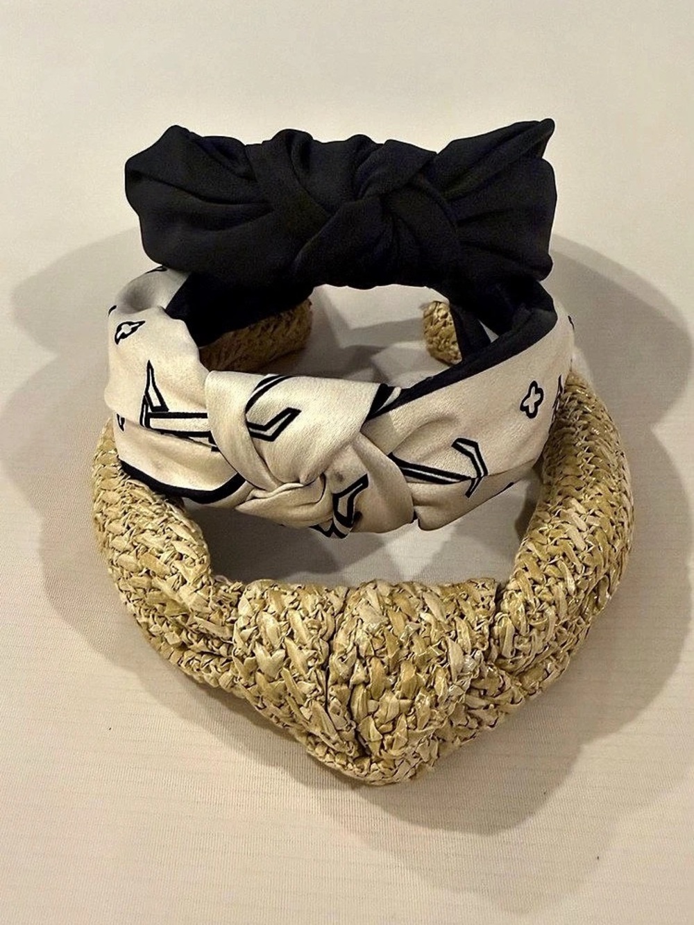 Black & Cream Knotted Straw Headband NWT